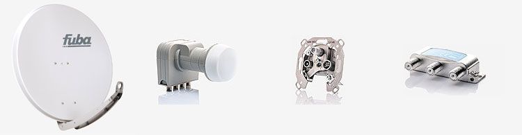 Satellitenschüssel von Fuba, LNB, Antennendose und Sat-Verteiler nebeneinander auf weißem Hintergrund.